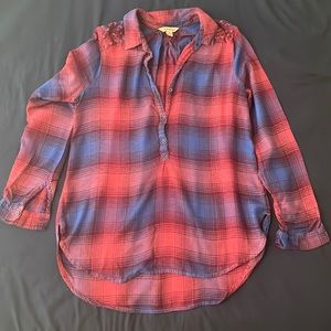 Lucky Brand blue pink plaid shirt, size small